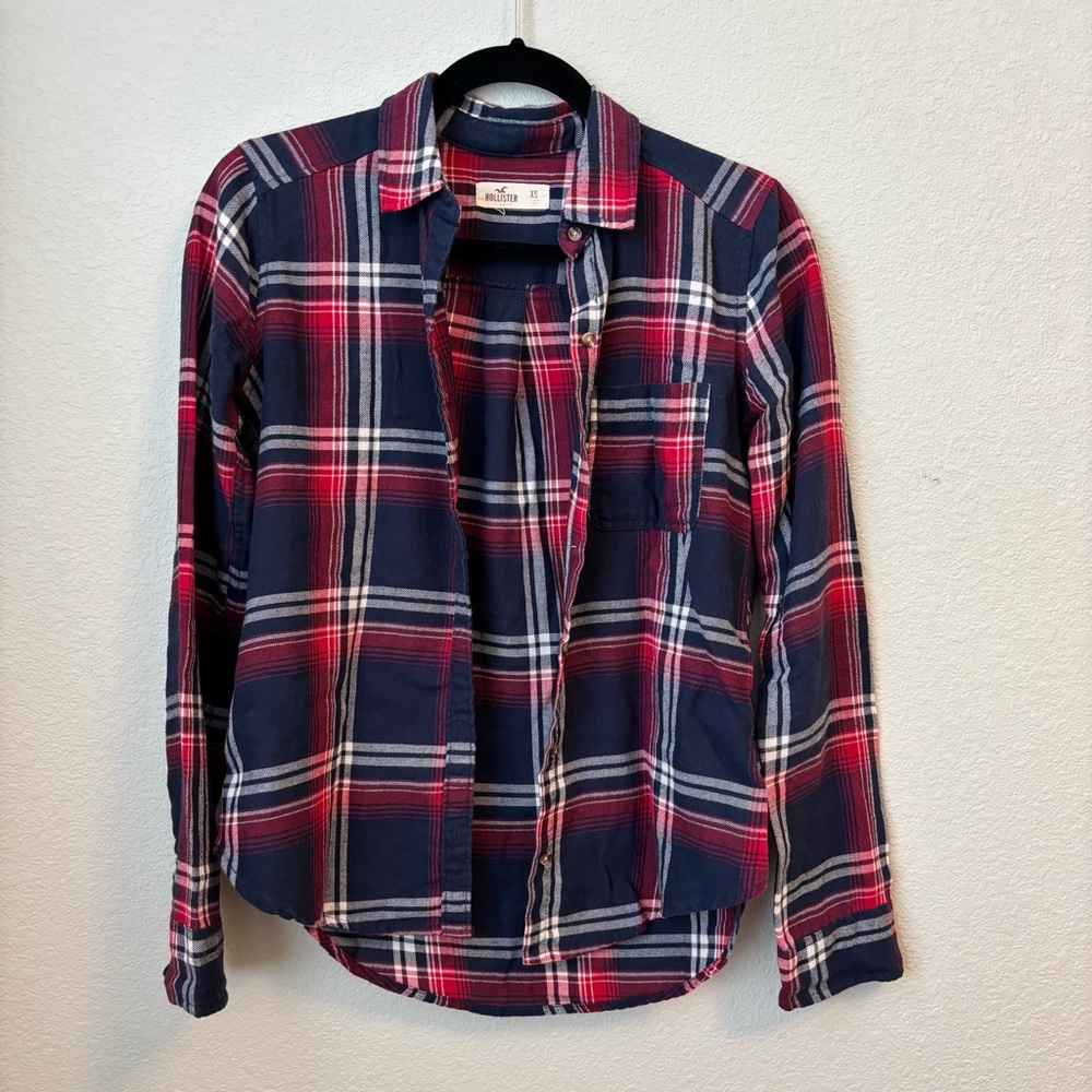 Hollister Blue and Red Plaid Flannel Button Down Shirt